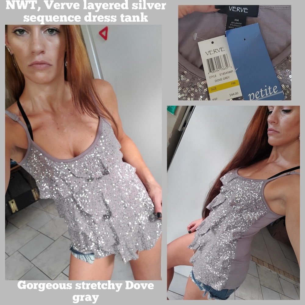 NWT, Verve Dove gray layered sequence tank top